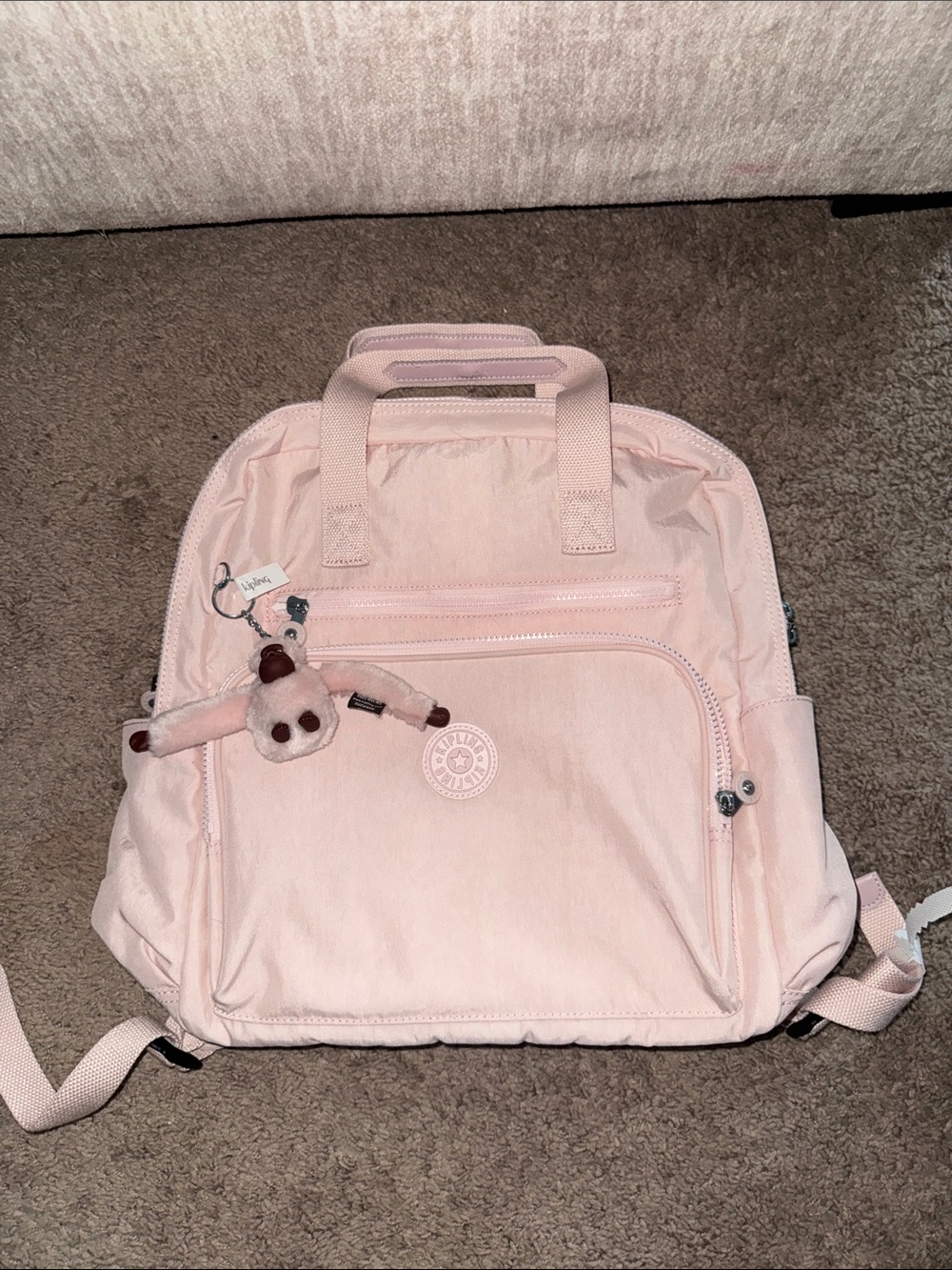 Kipling Light Pink laptop Backpack with Monkey Charm